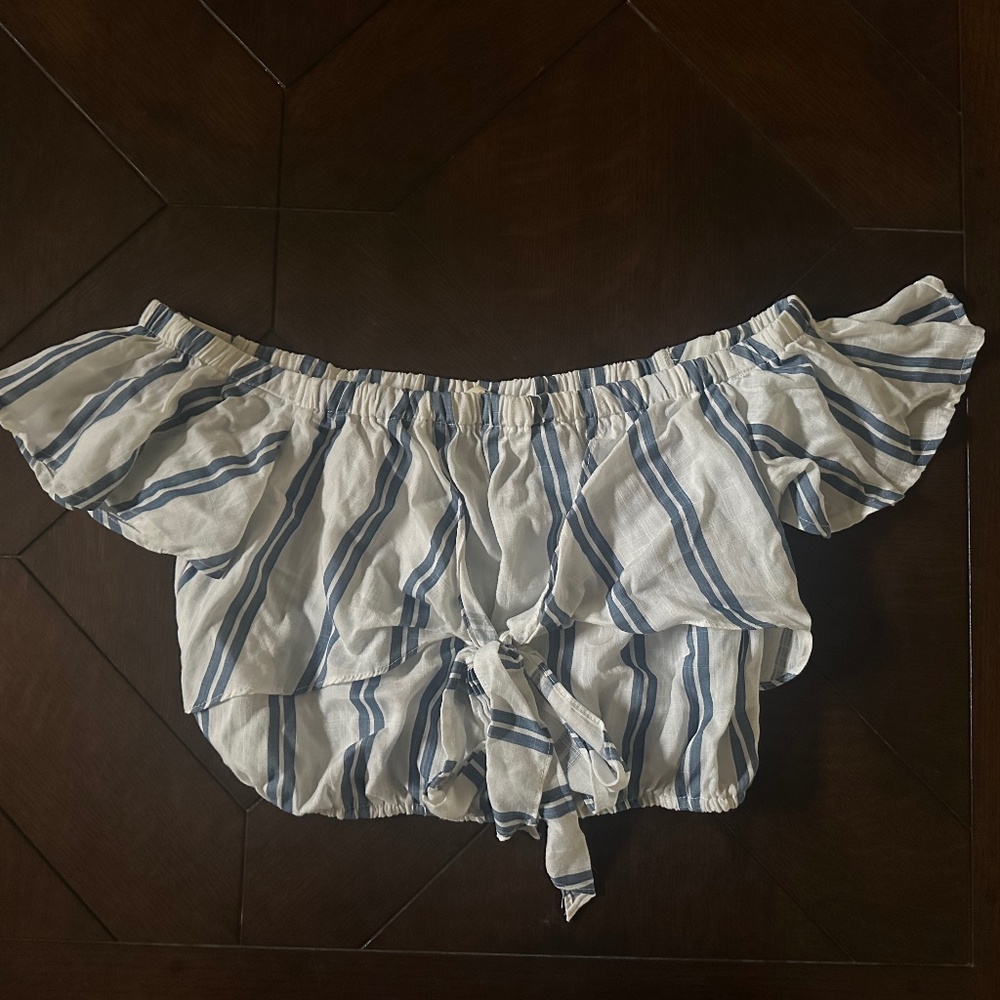 Pacsun L.A hearts Off Shoulder Top Tie Front White Blue Stripes NWT Large